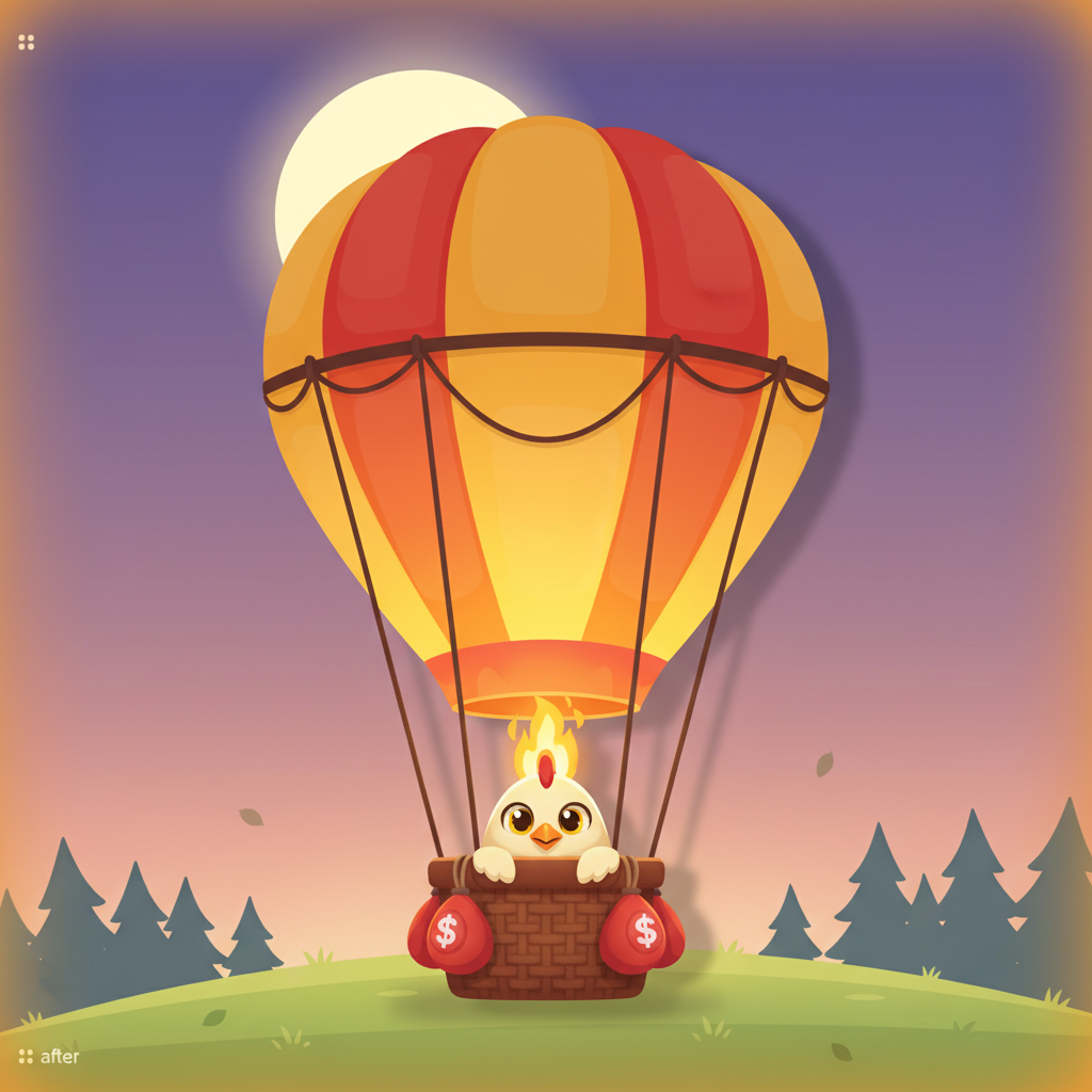 BalloniX game featuring cartoon chicken character piloting a golden-yellow hot air balloon with money bags against a purple twilight sky - crash game by InOut provider