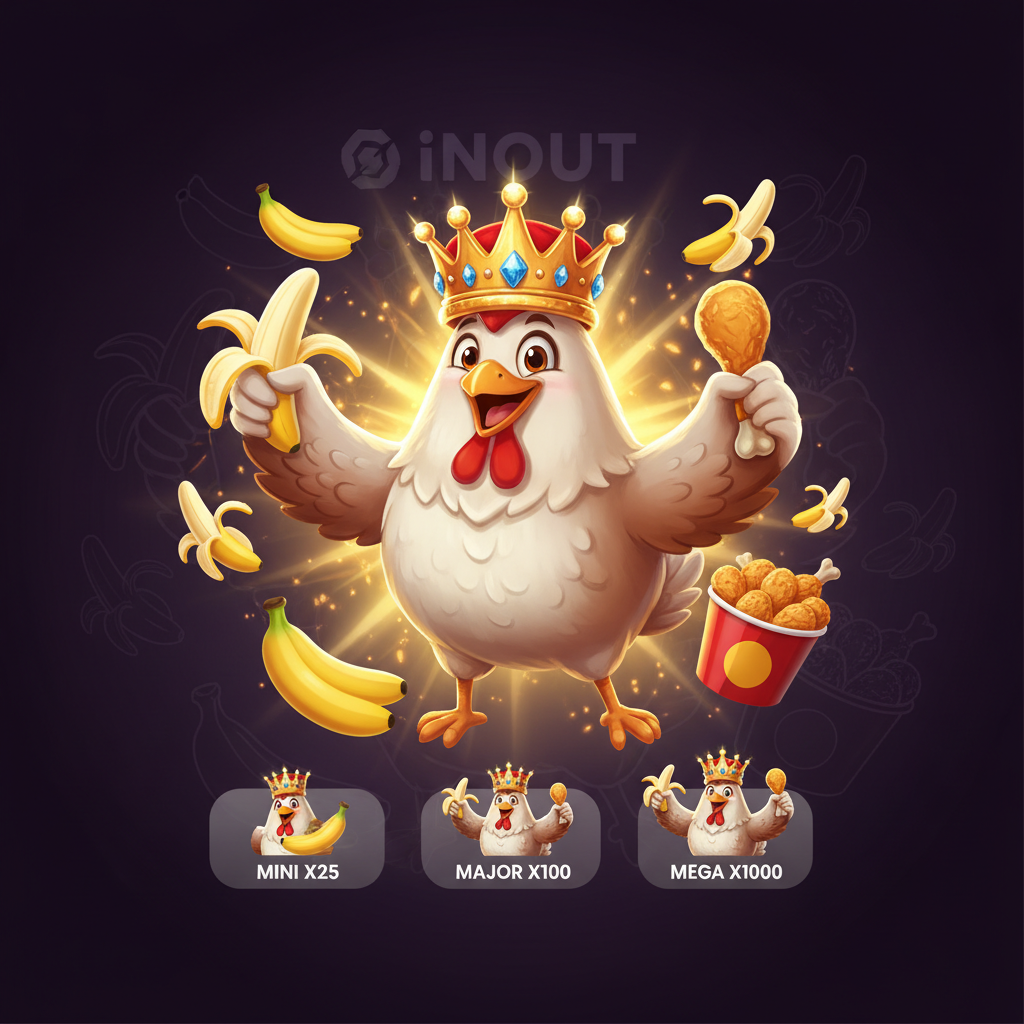 Chicken Banana slot game featuring cartoon chicken character wearing golden crown with banana symbols and x1000 Mega Jackpot display on purple background