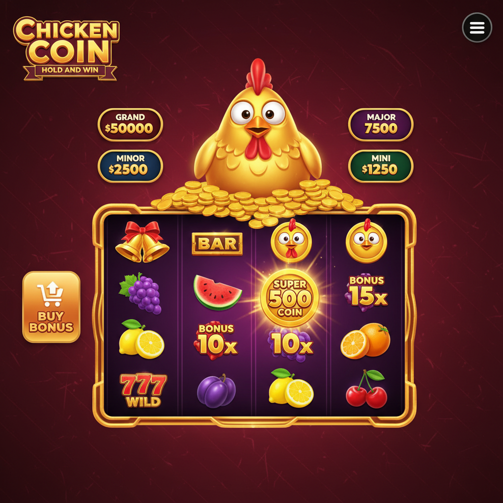 Chicken Coin Hold and Win slot game featuring cartoon golden chicken mascot sitting on pile of gold coins with 3x4 game grid showing Super Chicken Coin, multiplier coins, and four jackpot tiers