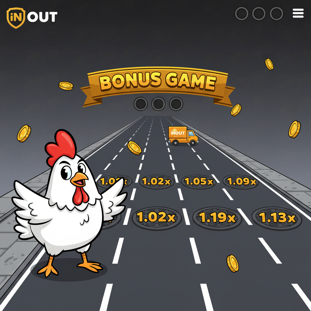 Chicken Road 2 Bonus Slot von InOut Games – weißes Cartoon-Huhn mit rotem Kamm überquert gefährliche mehrspurige Straße mit Autos und Multiplikatoren auf Kanaldeckeln, Bonus-Lichter und goldene Münzen