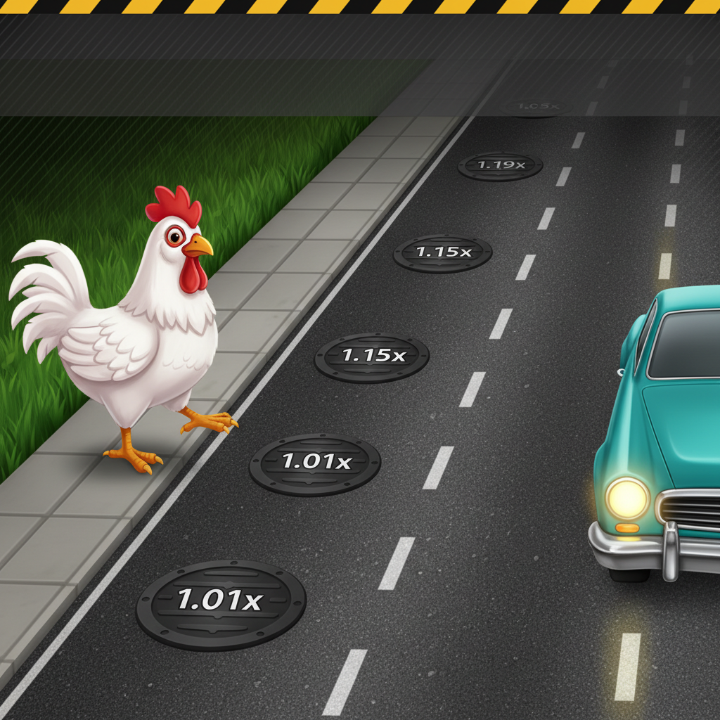Chicken Road 2 slot game featuring white chicken character with red comb crossing a six-lane road with multiplier manholes ranging from 1.01x to 1.19x