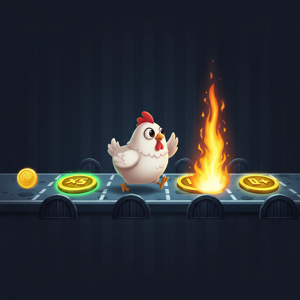 Chicken Road Bonus slot game hero image showing white cartoon chicken character crossing road lanes with golden multiplier circles, dashed lane markings, and fire collision danger elements on dark gaming background