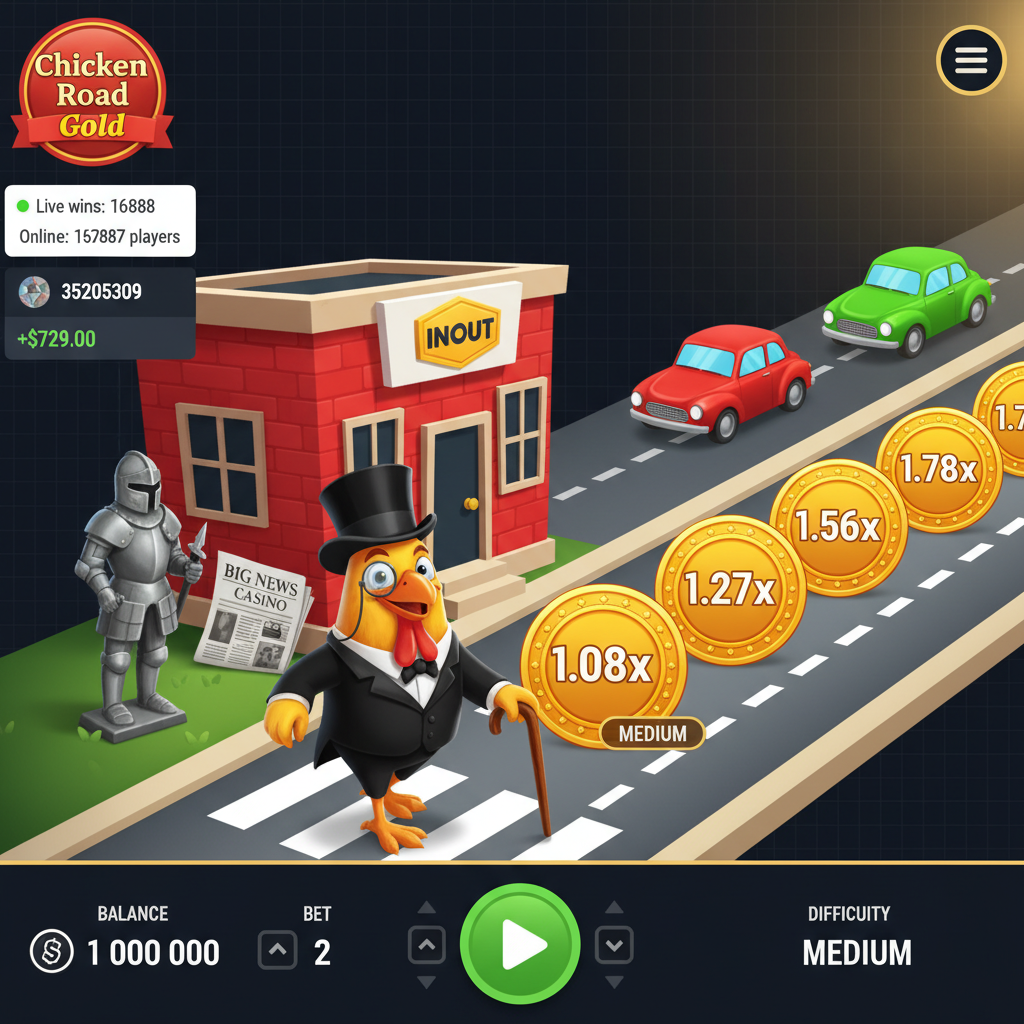 Chicken Road Gold: Elegantes Huhn mit Zylinder, Monokel und Gehstock vor dem roten INOUT Casino-Gebäude, umgeben von goldenen Multiplikator-Münzen auf der Spielstraße