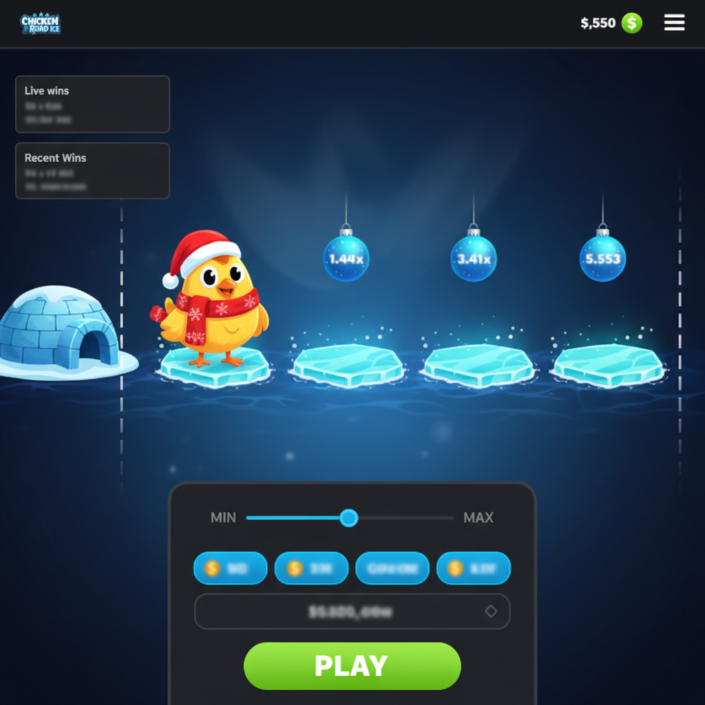 Chicken Road Ice slot game showing festive chicken character in Santa hat crossing cyan ice plates over arctic water with blue Christmas ornament multipliers and winter igloo scene