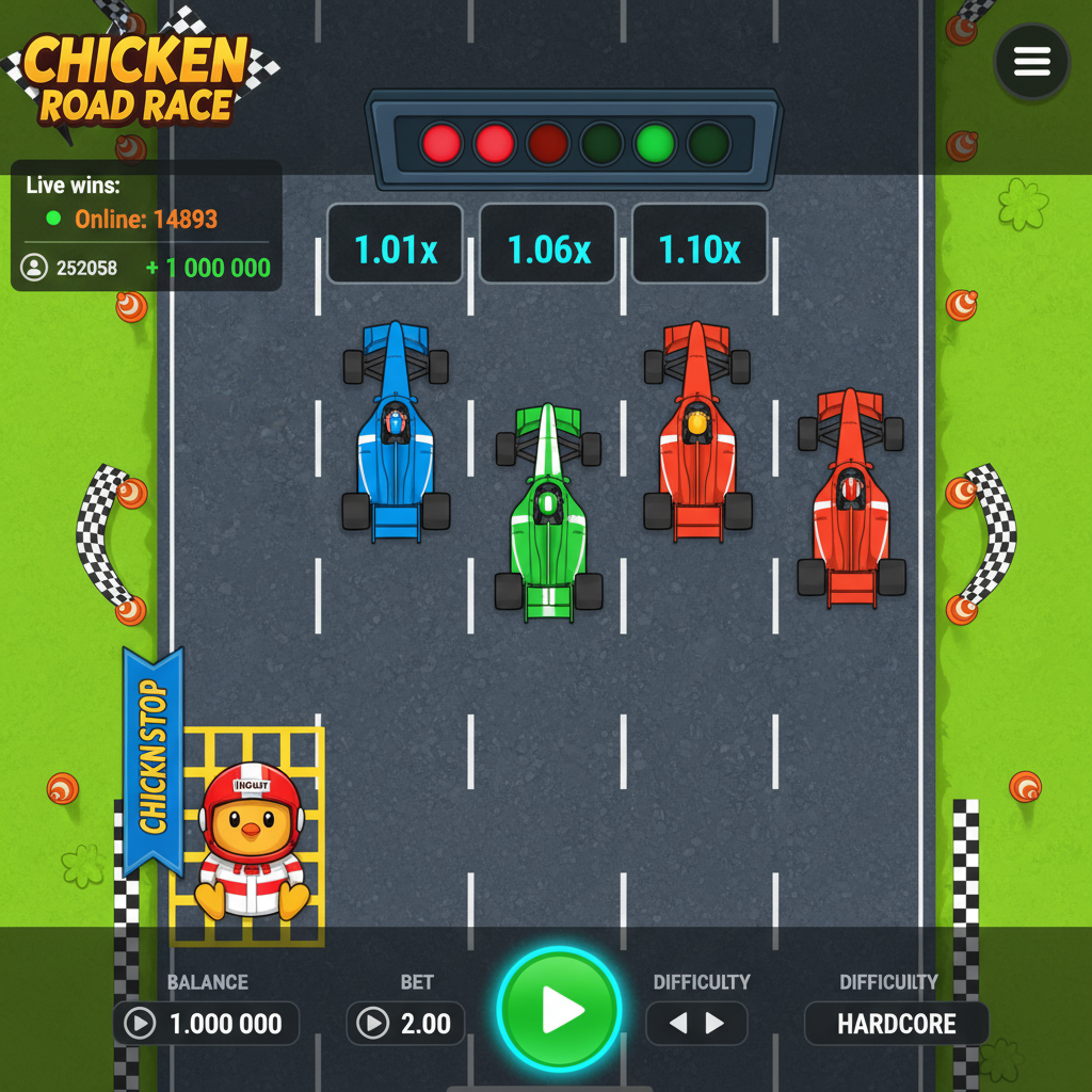 Chicken Road Race slot game featuring cartoon racing chicken in red helmet navigating top-down view of multi-lane highway with F1 style racing cars as obstacles, traffic lights showing lane safety, and progressive multiplier displays