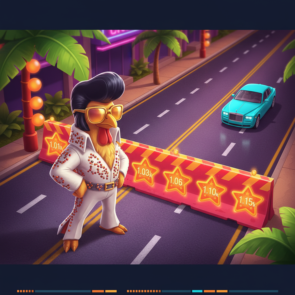 Chicken Road Vegas slot game featuring Elvis-style chicken character in white jumpsuit with sunglasses crossing a neon-lit Las Vegas road with cyan luxury cars and orange multiplier stars
