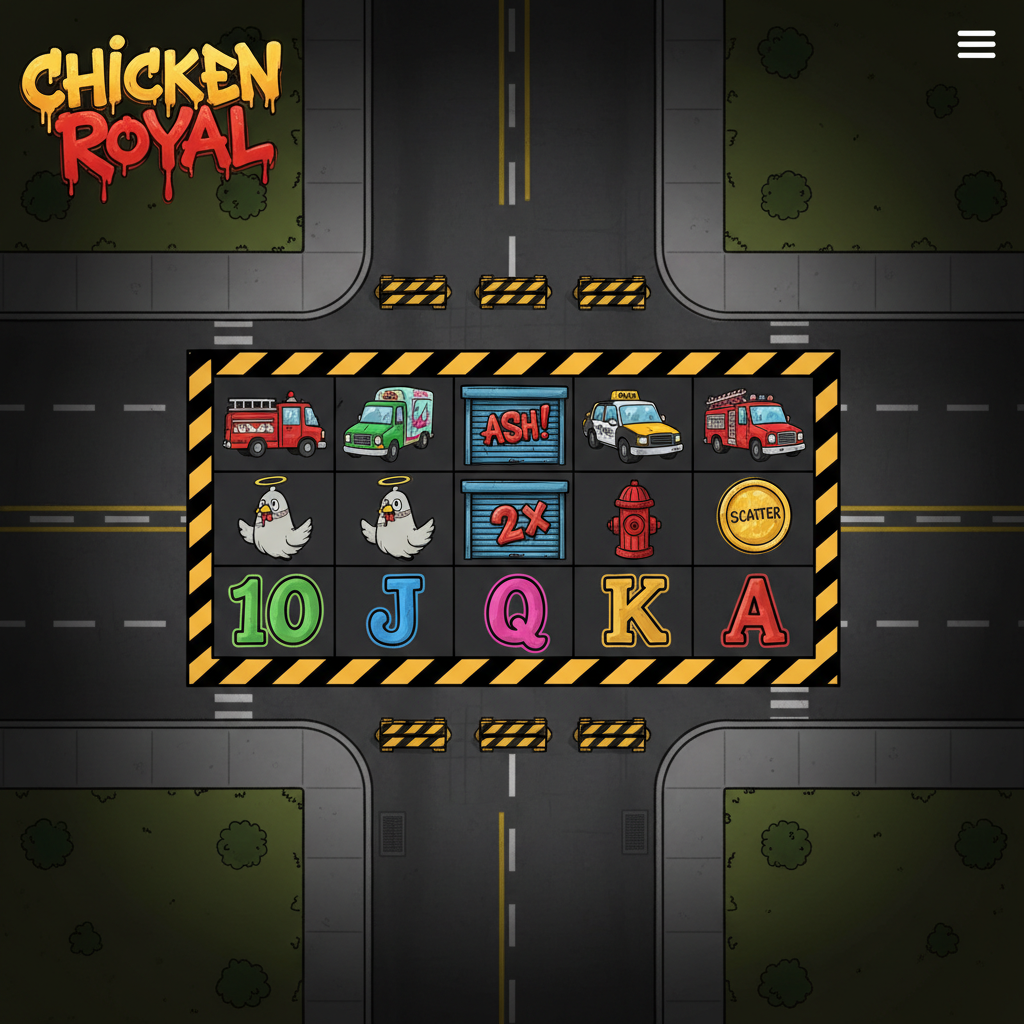 Chicken Royal Slot Spielansicht: Cartoon-Huhn überquert urbane Straßenkreuzung mit Taxi, Polizeiauto und Feuerwehrauto auf 5x3 Walzen mit gelb-schwarzen Warnstreifen im Graffiti-Stil