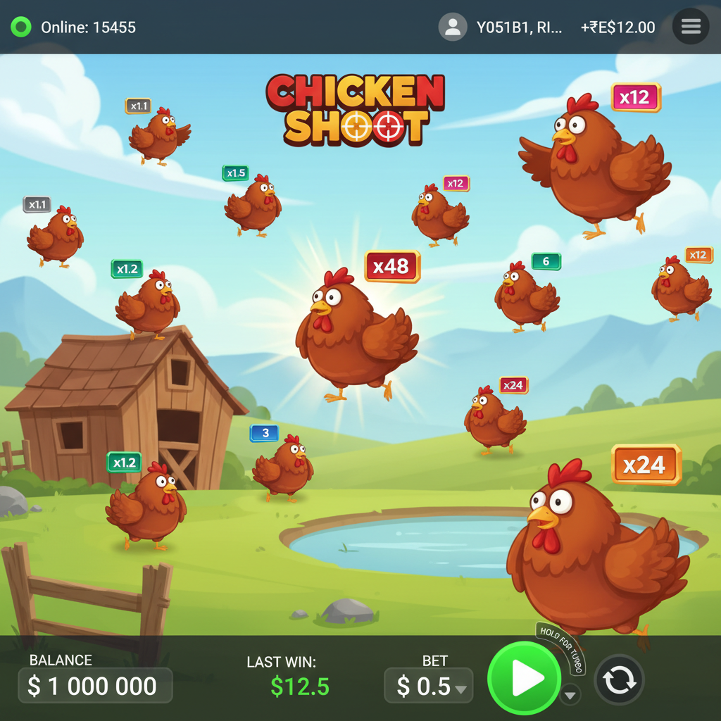 Chicken Shoot slot game by InOut featuring cartoon chickens with multiplier values x1.1 to x48 on a bright farm landscape with wooden shed, fence, and pond